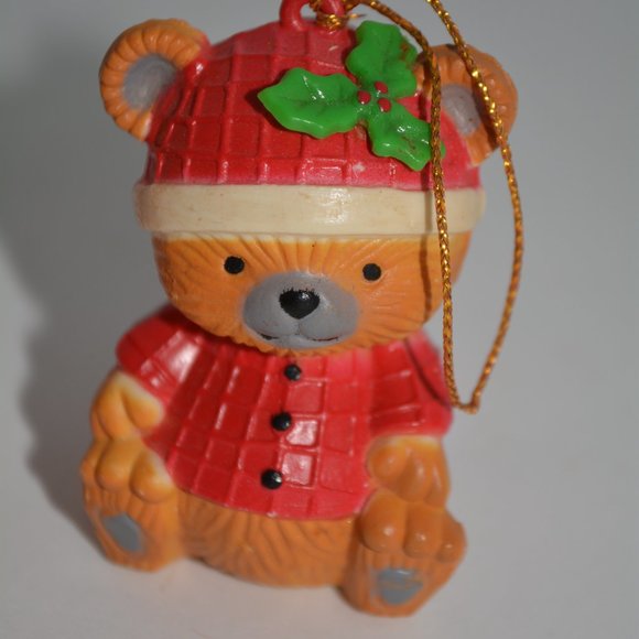 Vintage Mistletoe Plastic Teddy Bear Christmas Ornaments Lot of 2 Red Pajama Hat - Picture 3 of 9